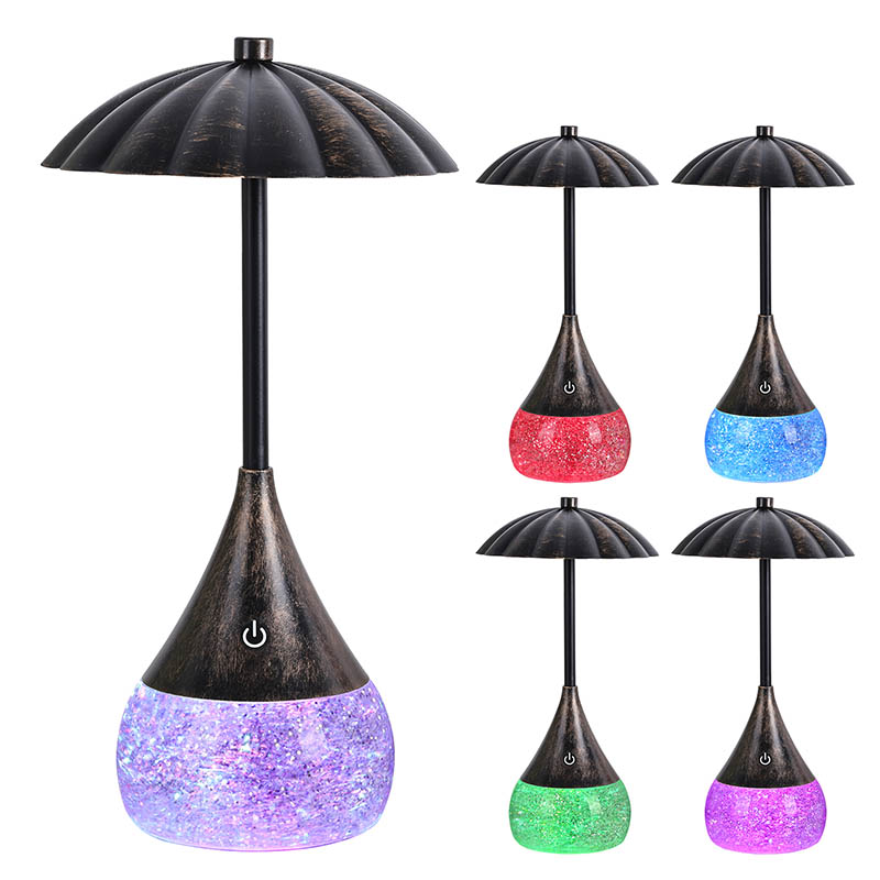 Lampu meja LED cahaya hangat dengan botol glitter RGB